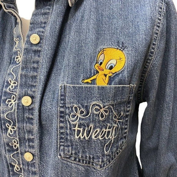 Warner bros looney tunes tweety bird denim y2k pocket button down shirt small - Picture 3 of 11